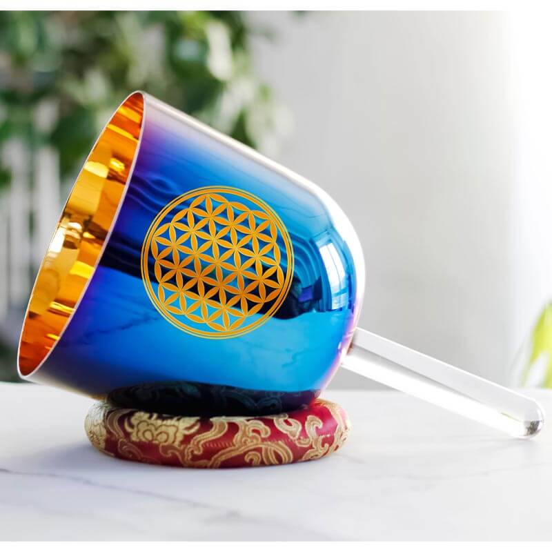 MiSoundofNature Blue Flower Of Life Singing Bowl With Handle Deluxe Gold Plated 7 Chakra Crystal Singing Bowl Handle