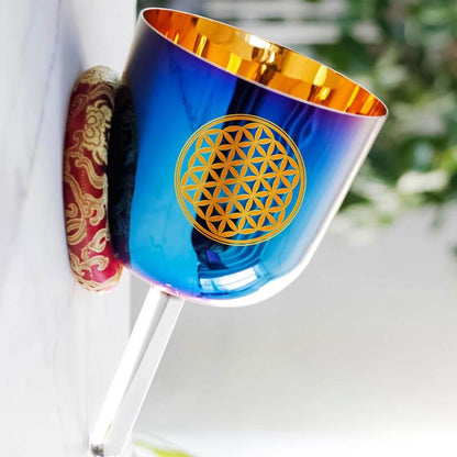 MiSoundofNature Blue Flower Of Life Singing Bowl With Handle Deluxe Gold Plated 7 Chakra Crystal Singing Bowl Handle