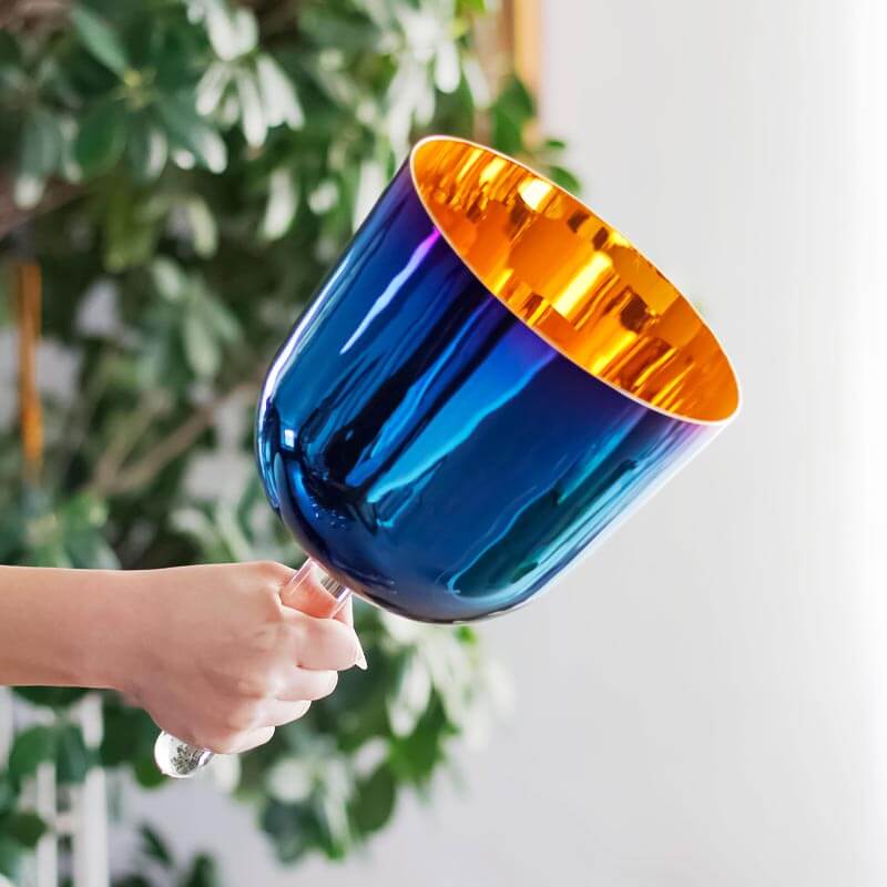 MiSoundofNature Blue Flower Of Life Singing Bowl With Handle Deluxe Gold Plated 7 Chakra Crystal Singing Bowl Handle