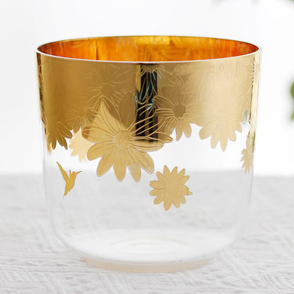 MiSoundofNature White Interior Frosted Crystal Bowl With Flowers Golden Engraved Pattern Chakra Singing Bowls