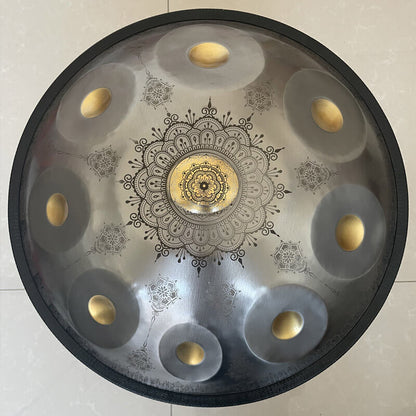 MiSoundofNature Customized F3 Dorian Scale Handmade 22 Inch 9+2 Notes Stainless Steel / Nitride Steel Mandala pattern Handpan Drum, Available in 432 Hz and 440 Hz