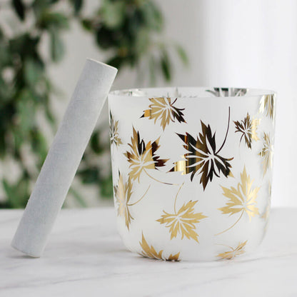 MiSoundofNature White Crystal Sound Bowl with Gilded Maple Leaf Pattern Crystal Healing Bowls