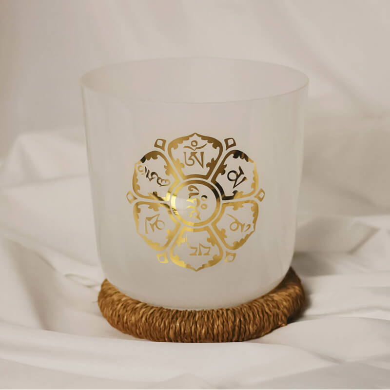 MiSoundofNature White Energysound Chakra Frosted Quartz Crystal Singing Bowl Gilded Pattern Sound Bath Bowls