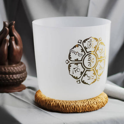 MiSoundofNature White Energysound Chakra Frosted Quartz Crystal Singing Bowl Gilded Pattern Sound Bath Bowls