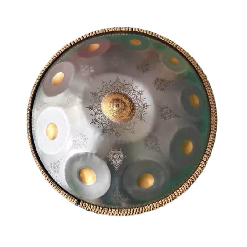 MiSoundofNature Royal Garden Customized Stainless Steel HandPan Drum D Minor Sabye Scale 22 Inches 9/10/12 Notes, Available in 432 Hz and 440 Hz - Gold-plated Sound Area, Laser engraved Mandala pattern. Never fade. - HLURU.SHOP