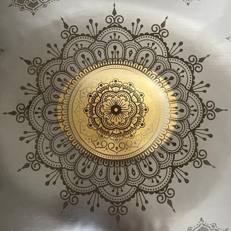 MiSoundofNature Royal Garden Stainless Steel HandPan Drum D Minor Amara Scale 22 In 9 Notes, Available in 432 Hz and 440 Hz - Gold-plated Sound Area, Laser engraved Mandala pattern. Never fade. - HLURU.SHOP